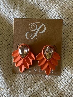 Plunder Coral Orange Petal Earrings with Clear Teardrop Crystal